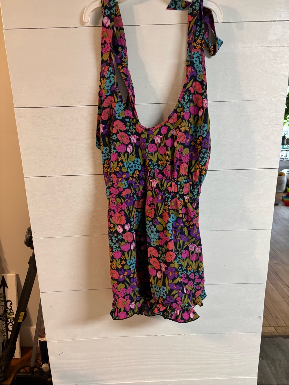 Woman’s Floral One-Piece Romper in Black with Pink & Blue Flowers